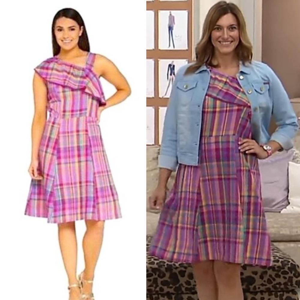Isaac Mizrahi One-Shoulder Madras Plaid Pink Purple Dress